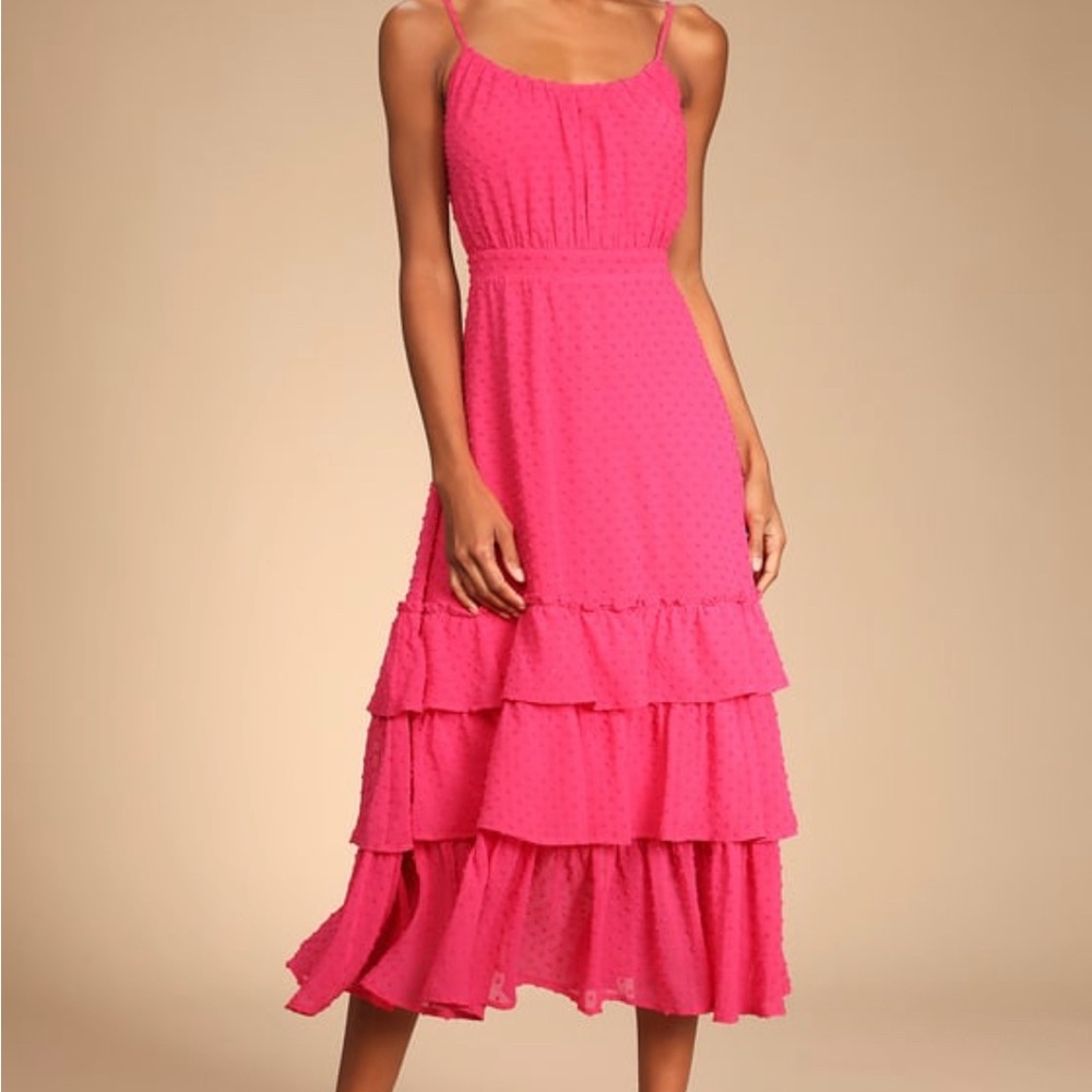 Lulus Tiers and Applause Hot Pink Swiss Dot Tie-Back Tiered Midi Dress